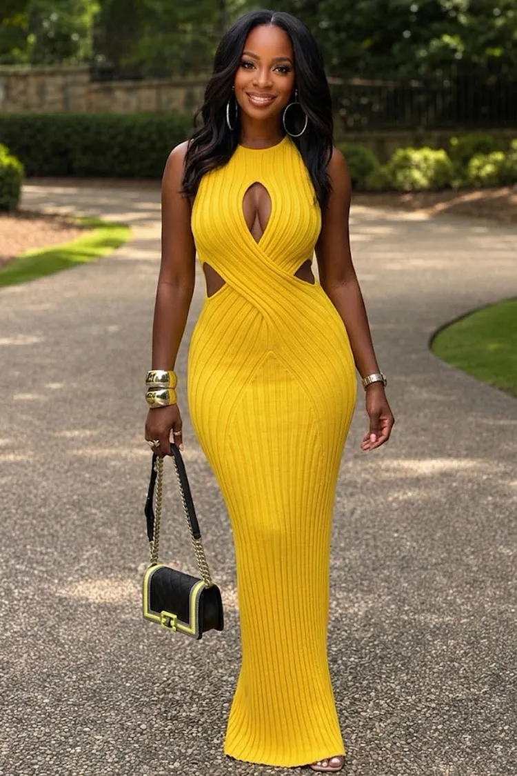 Round Neck Front Cut Out Back Slit Hem Casual Maxi Dresses-Yellow [Pre  Order]