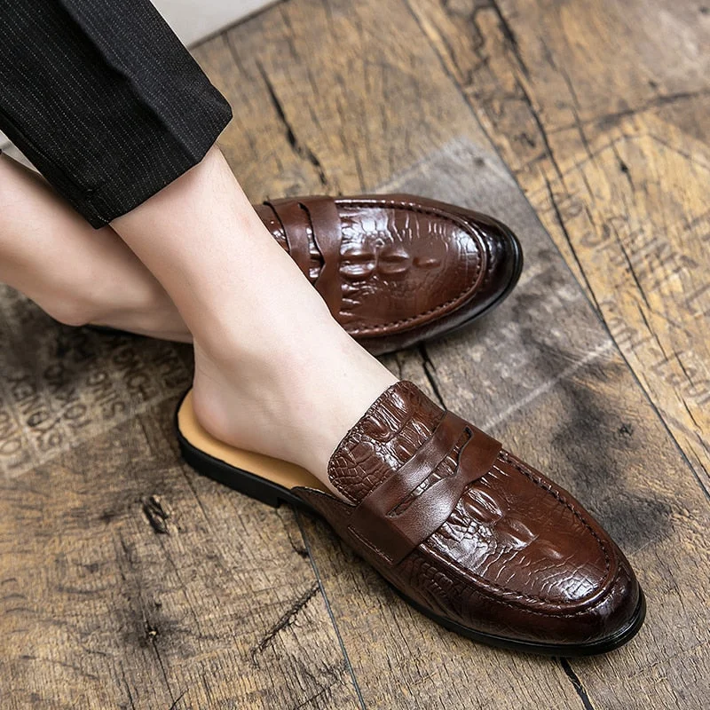 2022 Summer Men Mules Outdoor Leather Casual Shoes Breathable Half Slippers Crocodile Pattern Man Half Shoes Man Penny Loafers