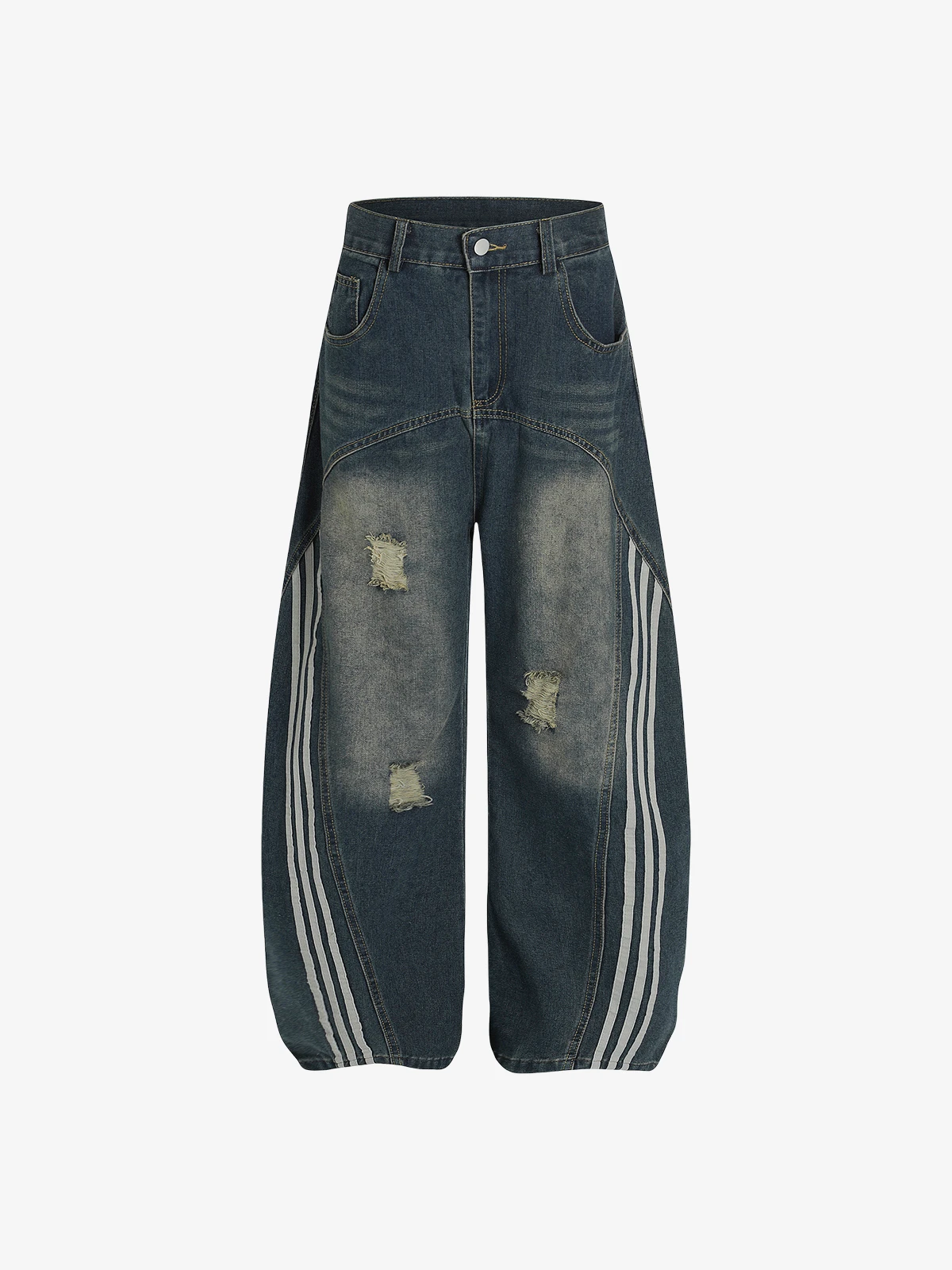 Blue Actchic Vintage Washed Striped Patchwork Jeans Front