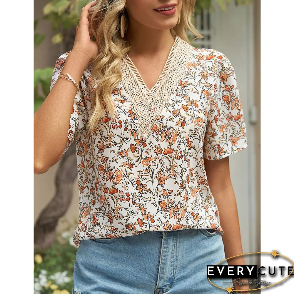 Orange V Neck Floral Chiffon Short Sleeve Tees