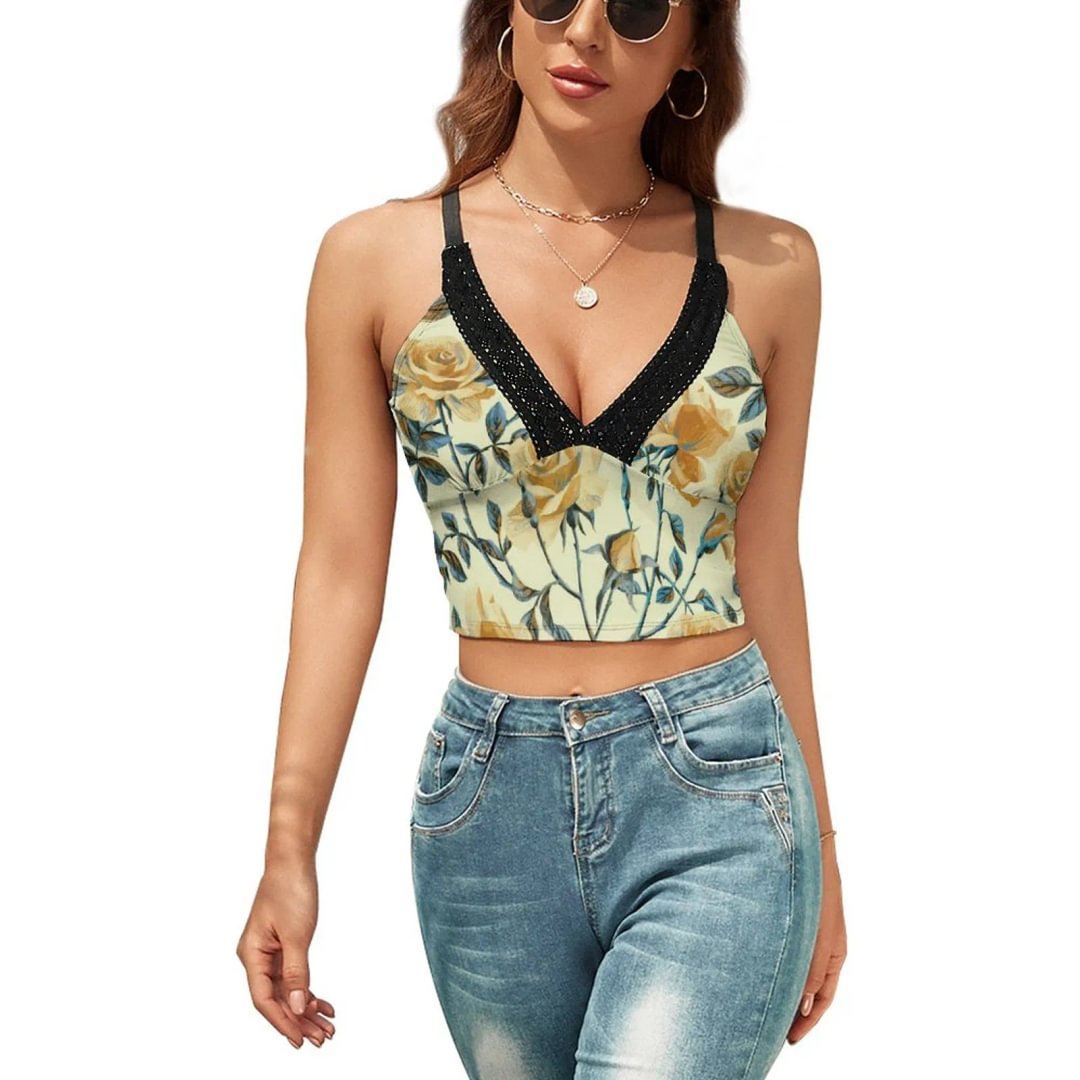 Rose Lace Sleeveless Vest Casual Girl Patchwork Camisole Shirt V-Neck Bralette Tank Tops - neewho