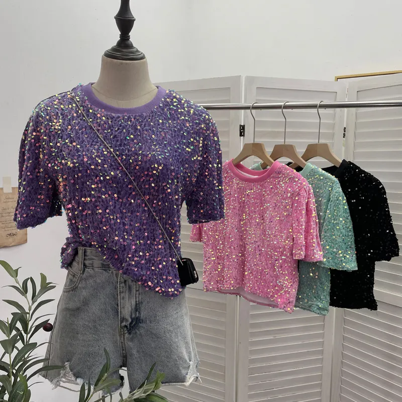 Nigikala Nigikala Sequin Short Sleeve T-Shirt 2025 Spring And Summer Korean Version Of Loose Night Club Bling Top 9088