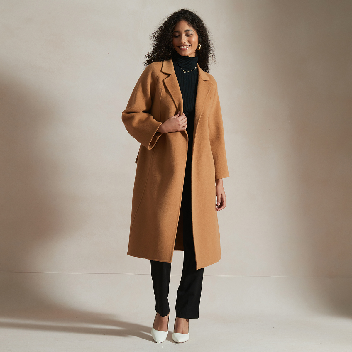  Handmade Collection Women's Belted Wrap Wool Coat-Camel REAL SILK LIFE