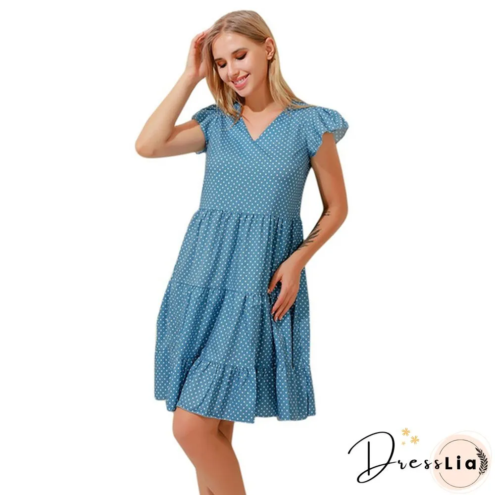 Summer Sundress Women Ruffles Sleeves V-Neck Dot Boho Vest Multi-Layer Connection Hem