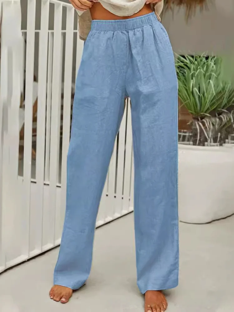 Women's Solid Color Long Elastic Waist Cotton and Linen Loose Women's Casual Pants socialshop