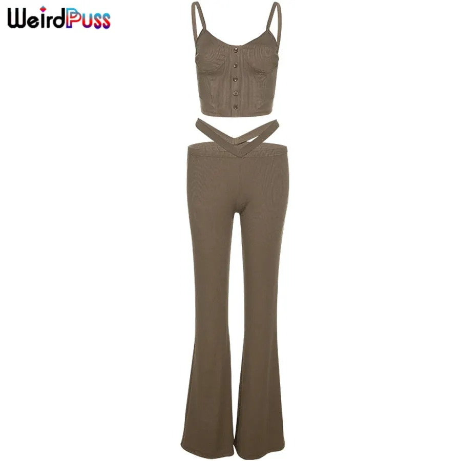 Weird Puss Y2K Elegant Office Lady 2021 Ribb 2Piece Set Women Tracksuit Tank Top+Low Waist Pants Casual Hot Street Matching Suit