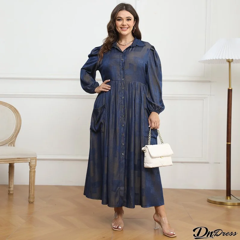 Plus Size Women Button Turndown Collar Long Sleeve Maxi Dress