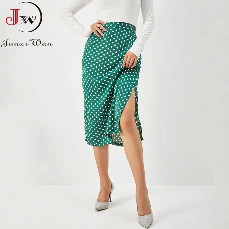 Spring Summer Slim Split Satin Skirt Women High Waist Zipper Polka Dot Bodycon Long Skirts Elegant Chic Office Party Clothing