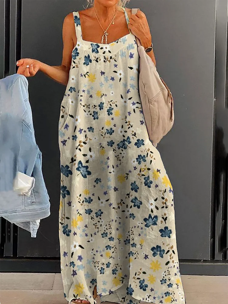 Women's Bohemian Floral Print Plus Size Loose Strap Print Dress Long Skirt socialshop