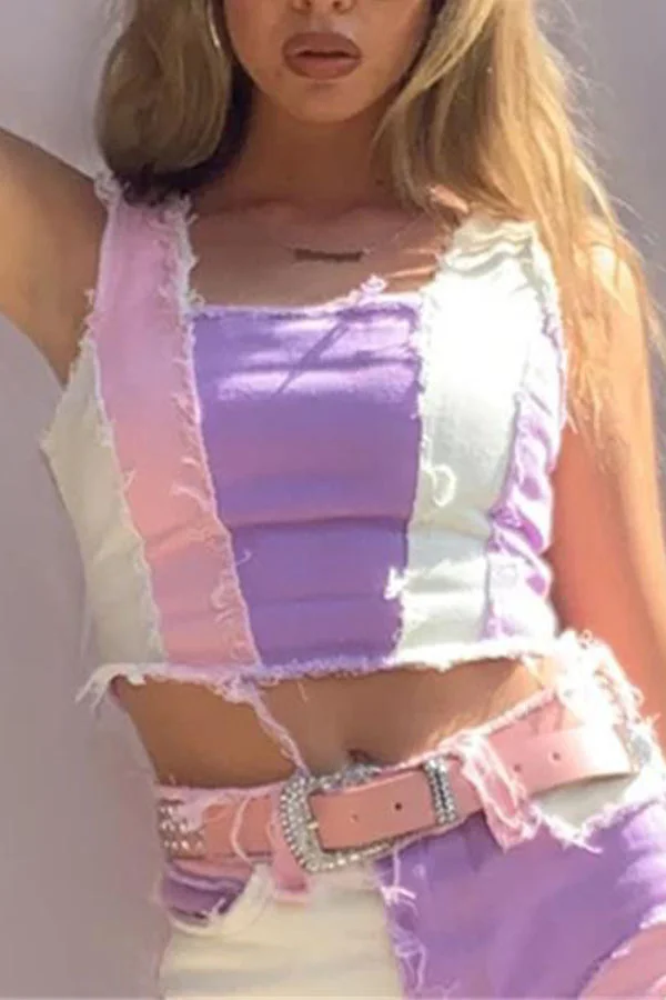 Pink Sexy Cotton Patchwork Split Joint U Neck Tops
