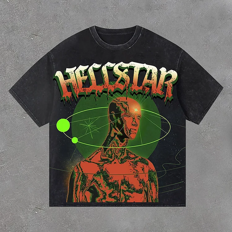 Hellstar Cosmic Planet Fun Portrait Print Acid Washed T-Shirt