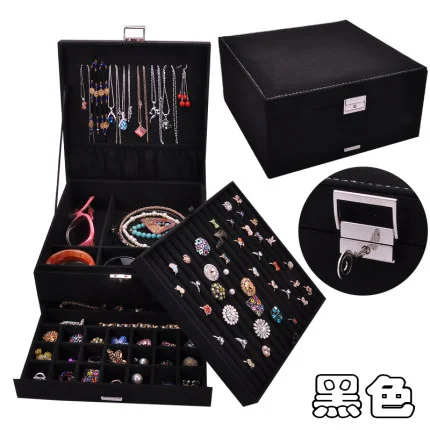 Funfloo New Style Luxury Jewelry Boxes 3 Layers With Lock Large Space Organizer For Ring And Necklace Velvet Jewelry Holder 4 Color Jewelry Boxes