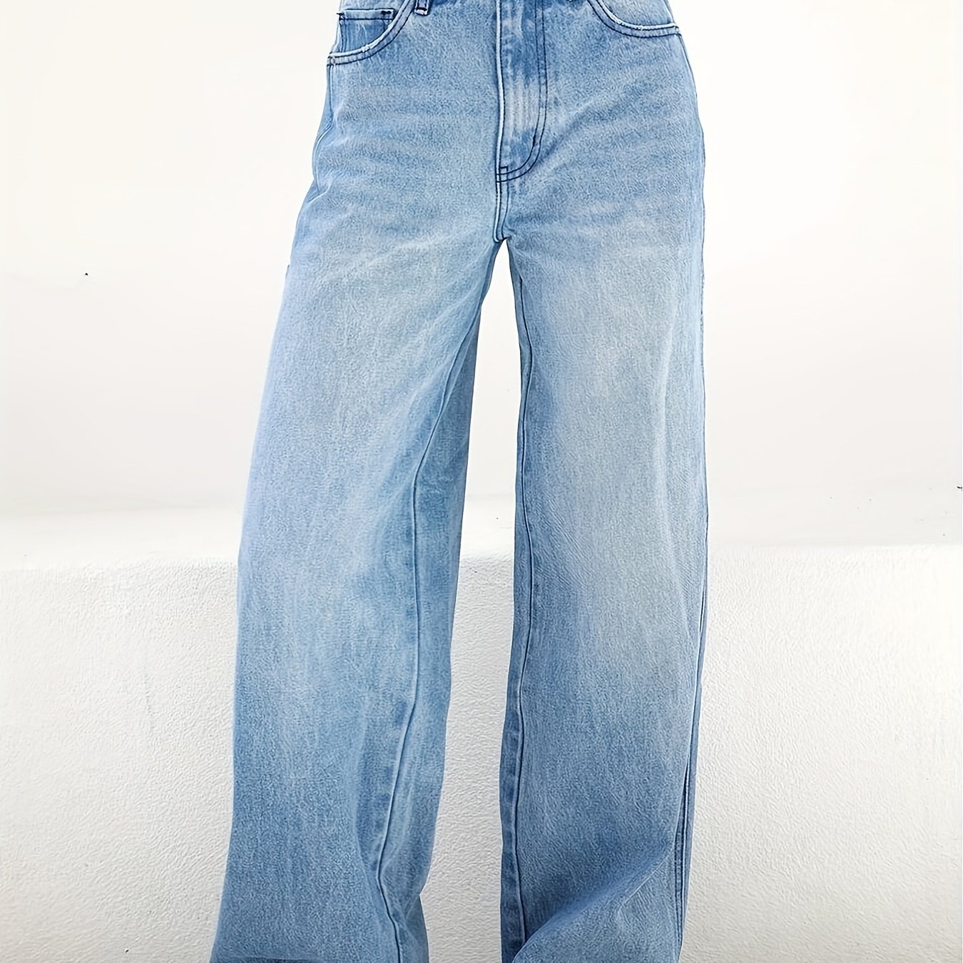 Blue Loose Fit Wide Leg Jeans, High Waist Slash Pockets High Rise Straight Jeans, Women's Denim Jeans & Clothing