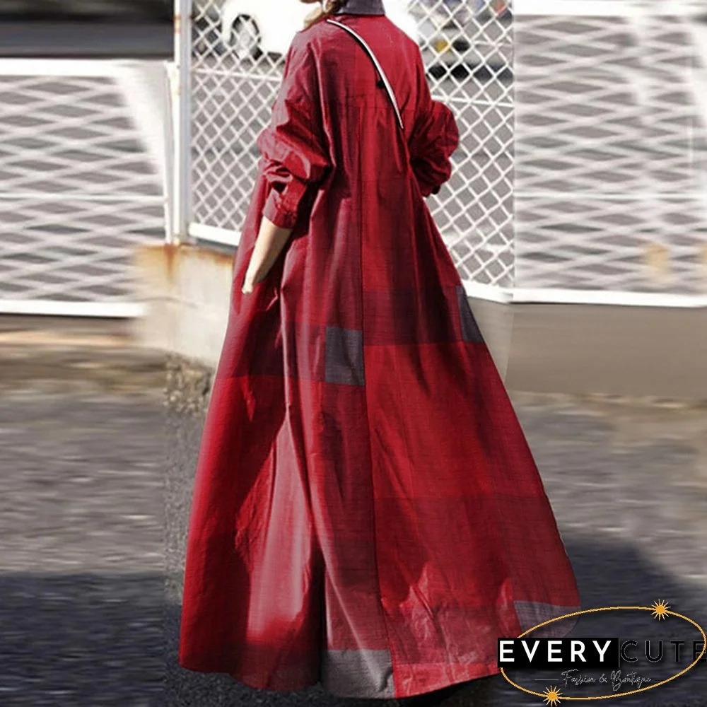 Women Kaftan Full Sleeve Length Oversize Ladies Casual Plaid Check Maxi Shirt Dress Plus Size