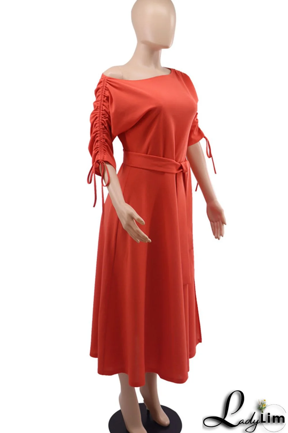 Red Casual Elegant Solid Patchwork Draw String Fold Oblique Collar Dresses