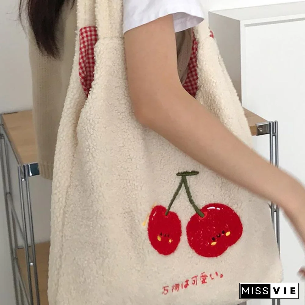 Sweet Cherry Embroidery Plush Tote Bag