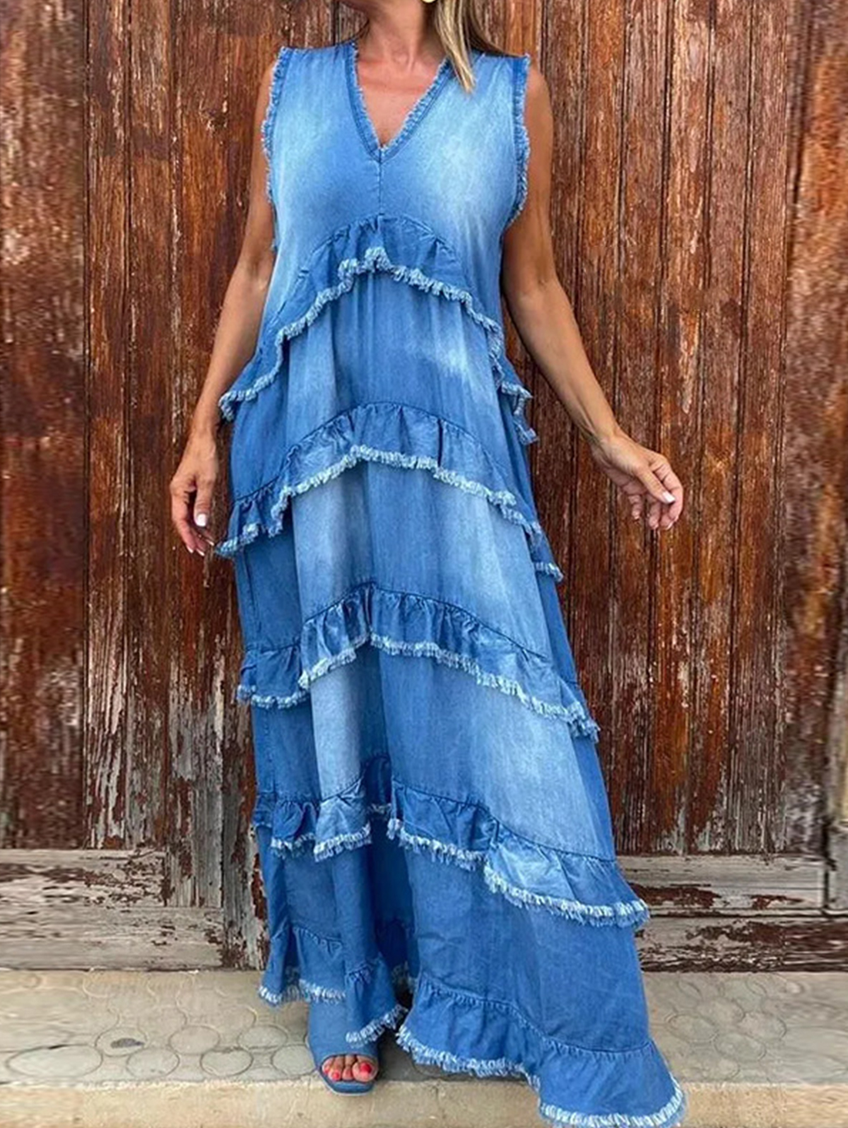 Denim V Neck Ruffled Raw Edge Tiered Maxi Dress