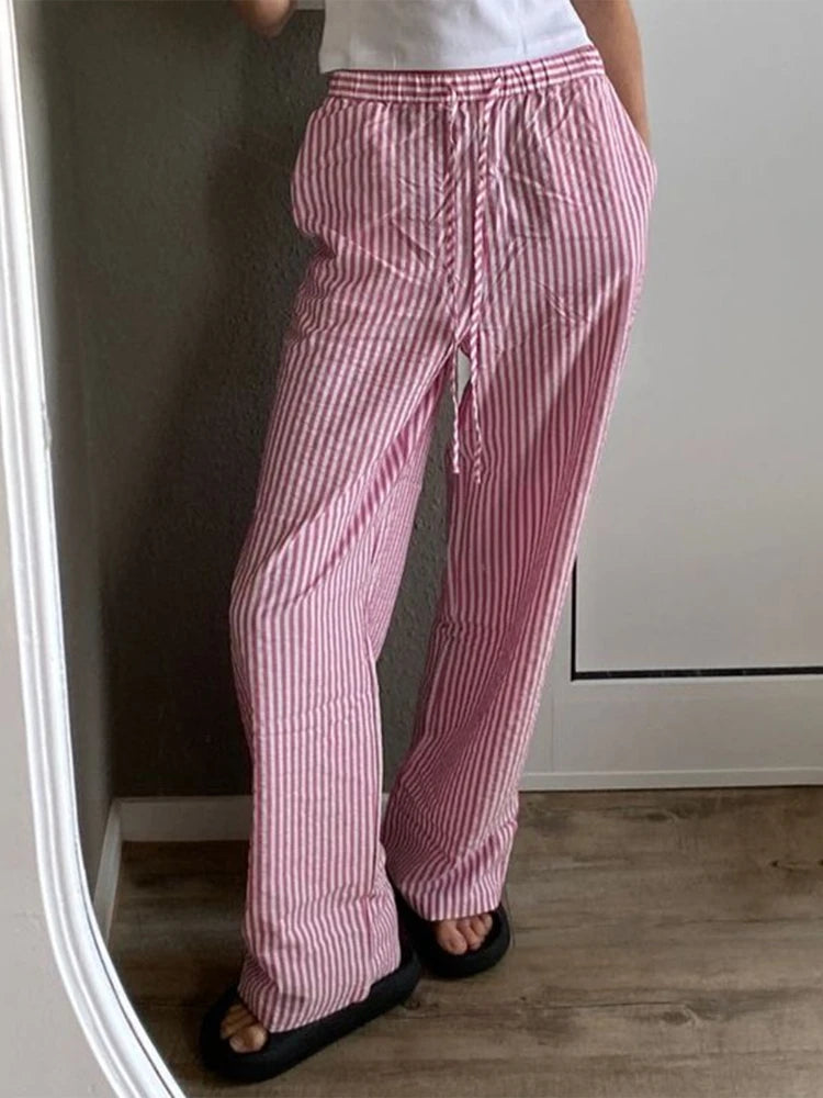 Aiertu Y2k Striped Pants Women Casual Blue High Waist Wide Leg Trousers Oversized Korean Style Red Spring New in Pants Harajuku Aiertu