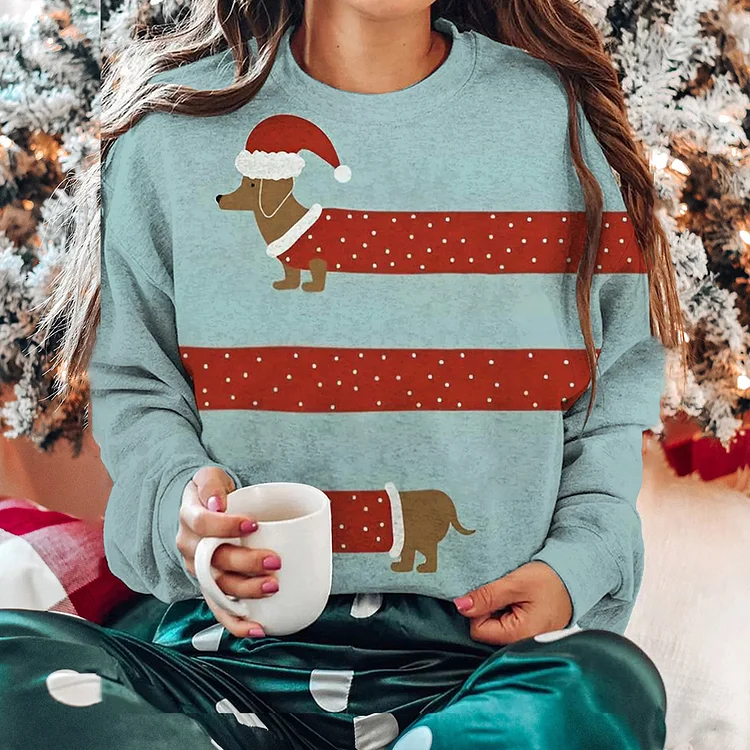 Comstylish Women's Christmas Santa Hat Long Dachshund Print Sweatshirt