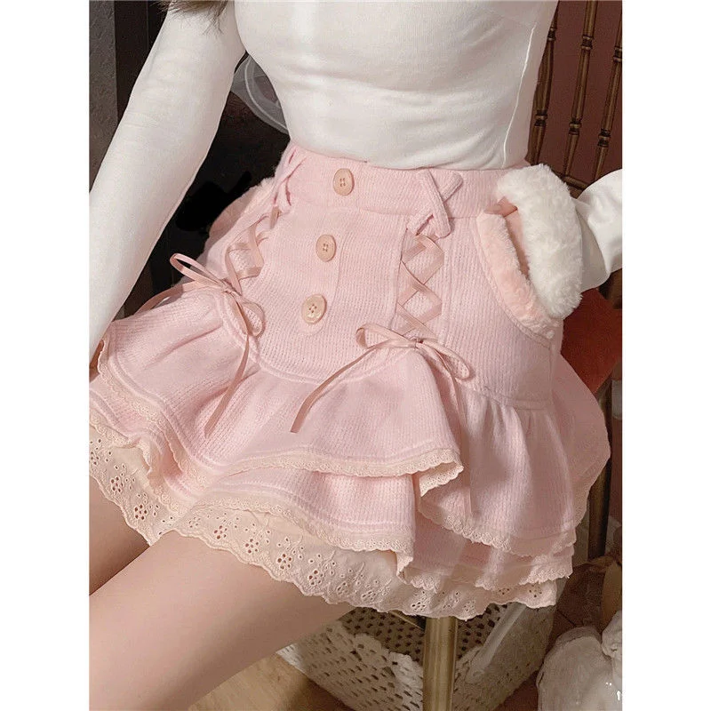 Back to School Y2k Skirt Pure Desire Wind Soft Waxy Lace Knitted Cake Skirt Women Cute Kawaii Autumn Winter New Japanese Girl High Waist Skirts