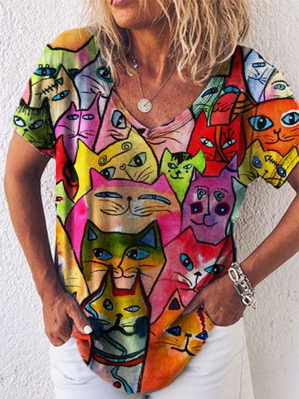 Colorful Cats Watercolor Art V Neck T Shirt