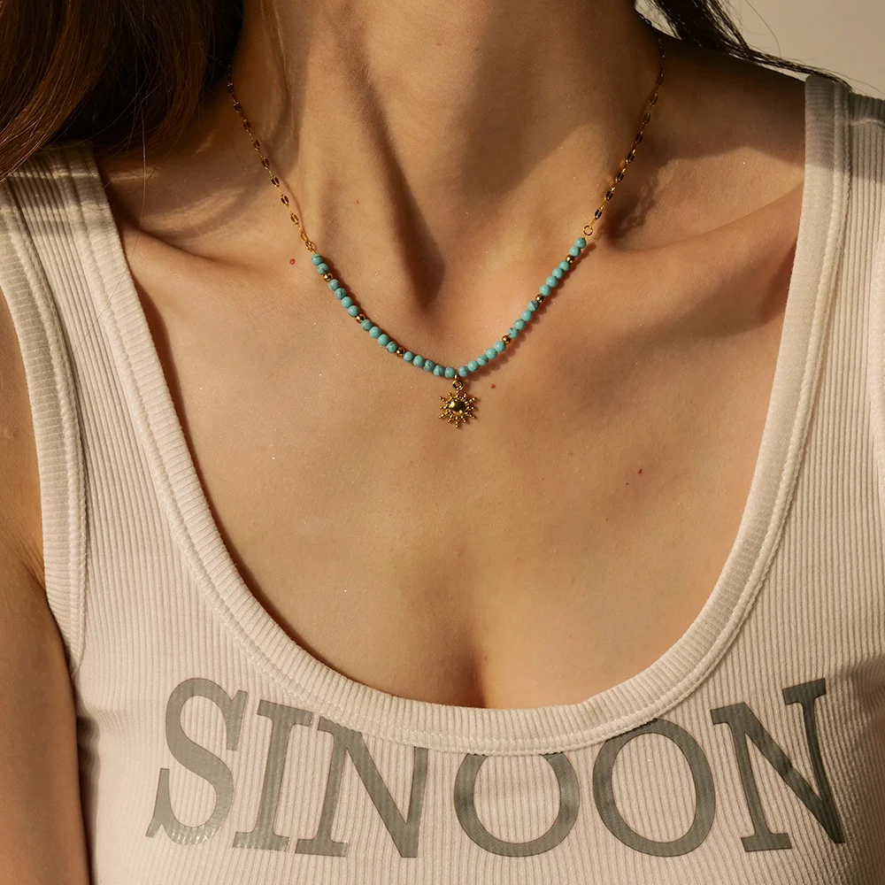 Womens Turquoise Sun Pendant Necklace