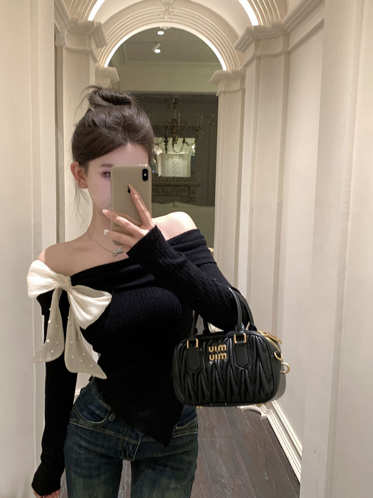Gyaru Sexy Sweet Off Shoulder Sweater Autumn 2024 Women Slash Neck Bow Irregular Top French Elegance Long Sleeve Slim Pullover
