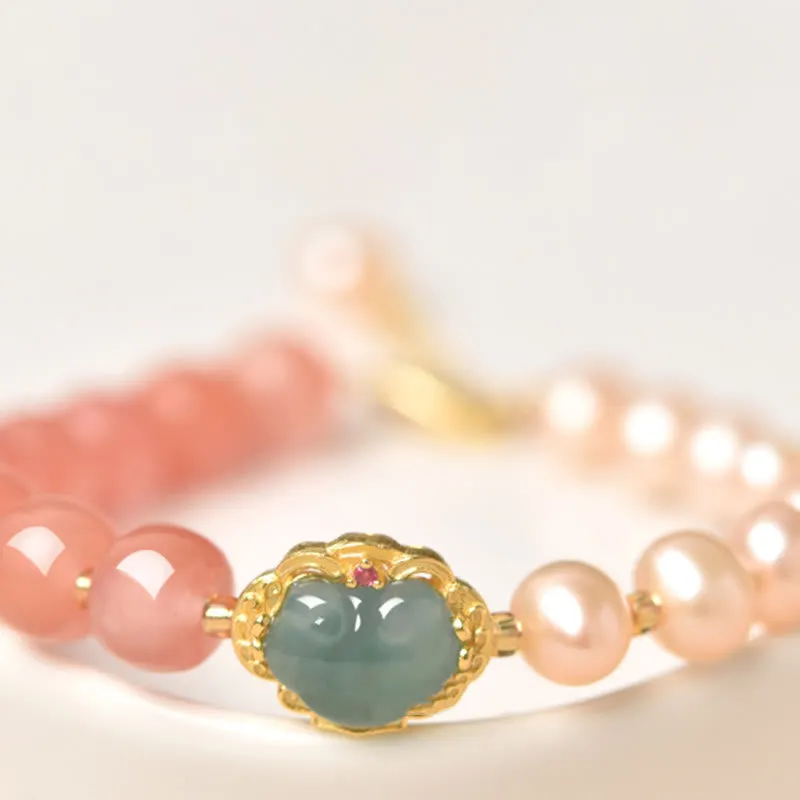 14K Gold Plated Natural Red Agate Pearl Jade Confidence Bracelet