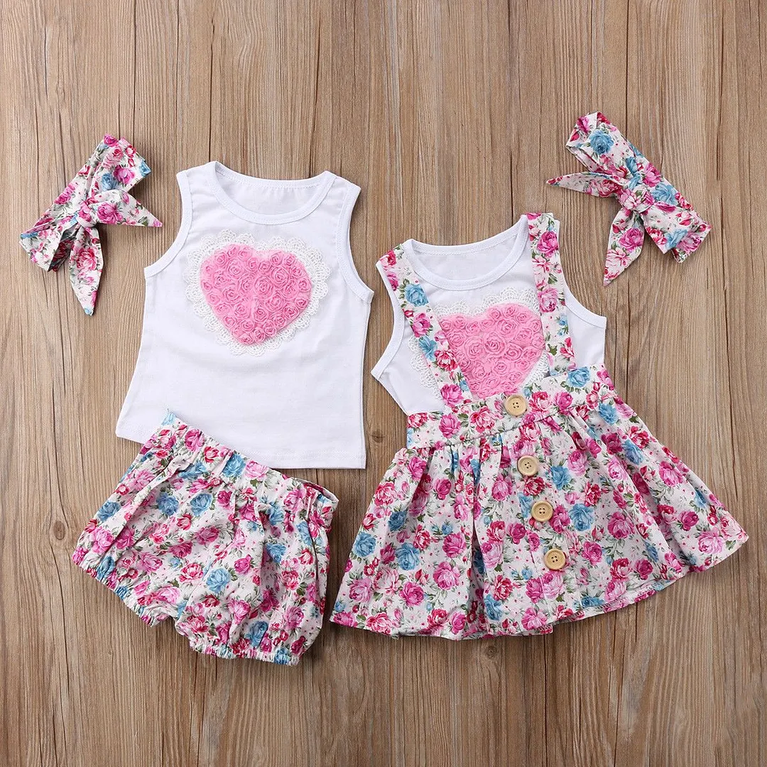 2018 Brand New Newborn Toddler Baby Kid Girl Sister Matching Cotton Clothes T-shirt Dress Pants Outfit 3D Flower Outfit 3Pcs Set