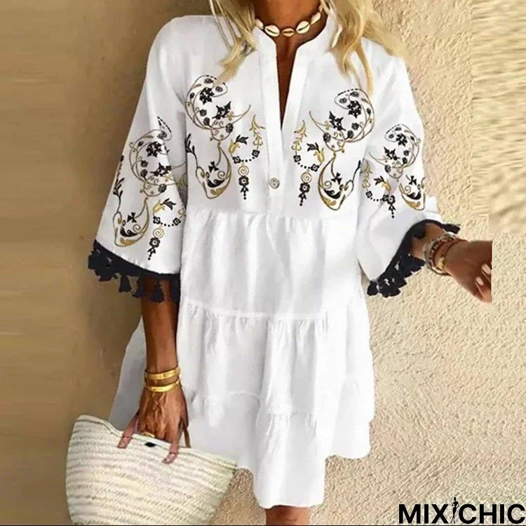 Playful Temperament Printed Tassel V-Neck Short White Dresses