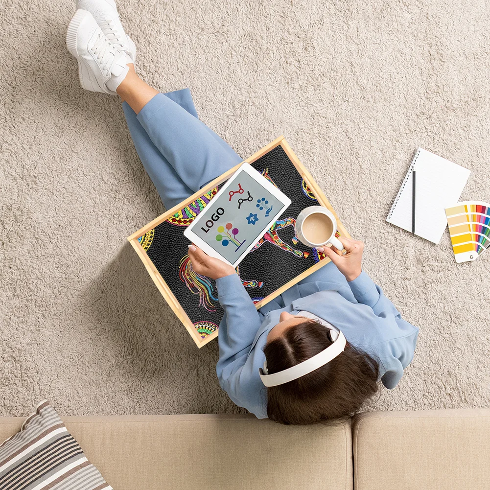 DIY Horse Wooden Diamond Painting Dinning Table Tray with Handle for Serving Food