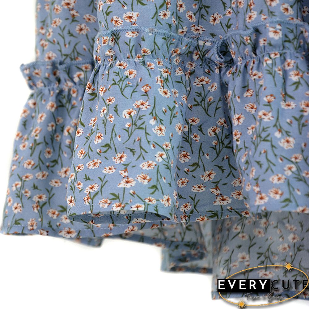 Light Blue Floral Print A-Line Mini Skrit