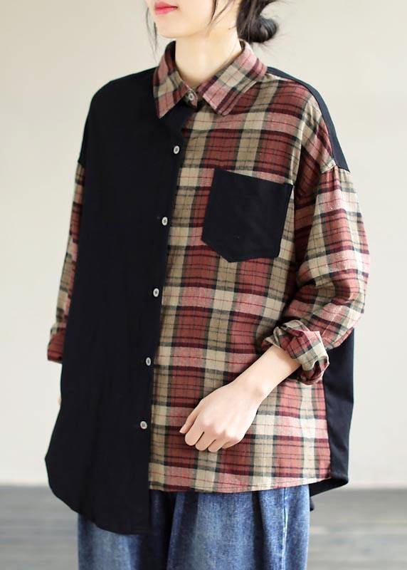 VCSHOES Loose Black Plaid For Women Lapel Patchwork Short Spring Top