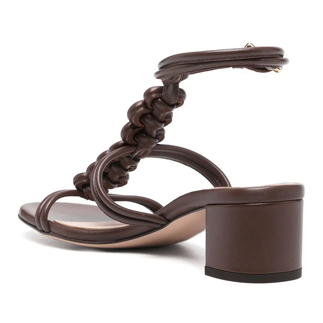 Classic Dark Brown Braided Strappy Open Toe Low Heel Sandals