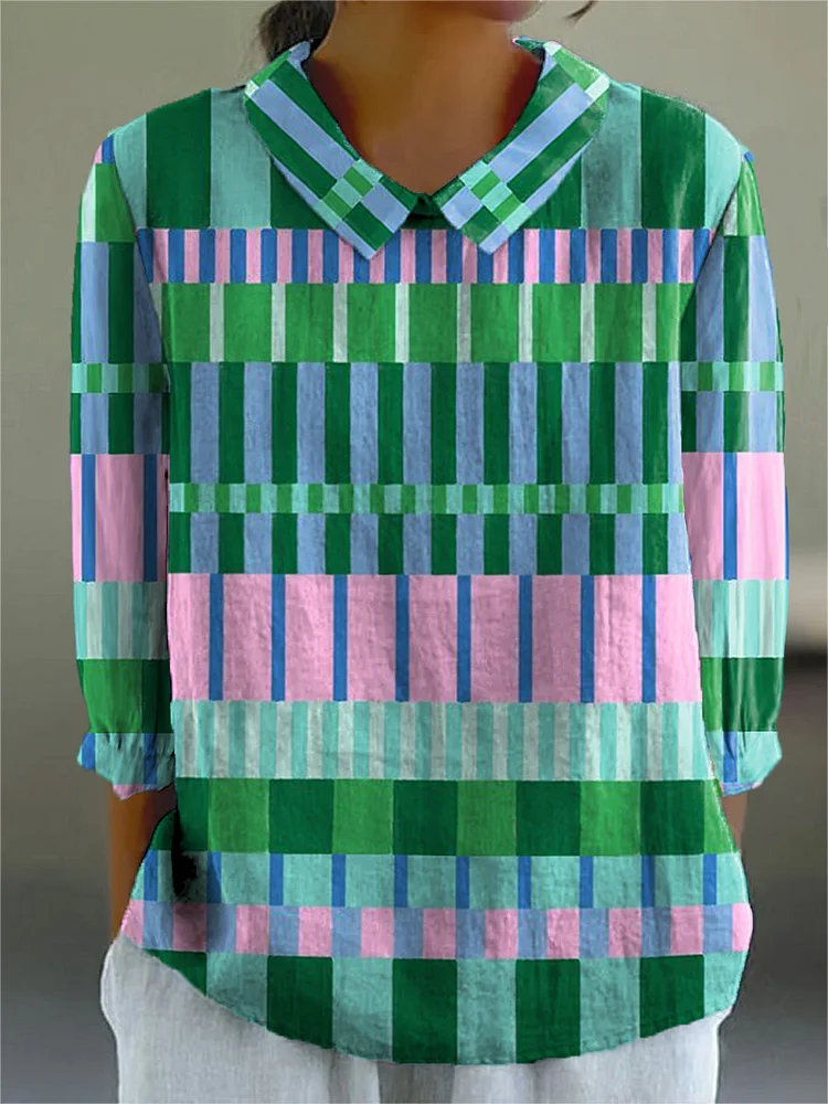 Colorful Summer Geometric Pattern Printed Women's Casual Cotton And Linen 3/4 Sleeve Shirt