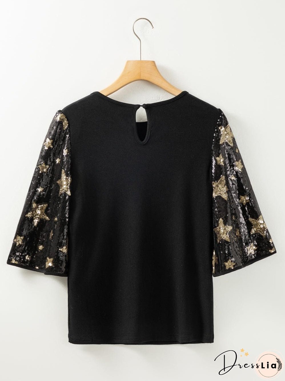 Black Star Sequin Embellished Half Sleeve Knit Top