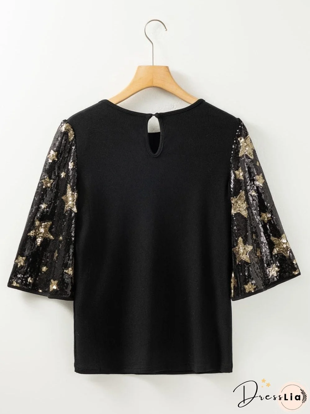 Black Star Sequin Embellished Half Sleeve Knit Top