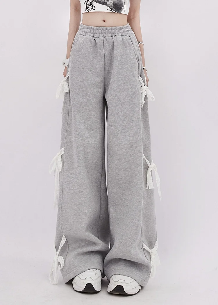 Organic Grey Oversized Patchwork Lace Straight Pants Spring