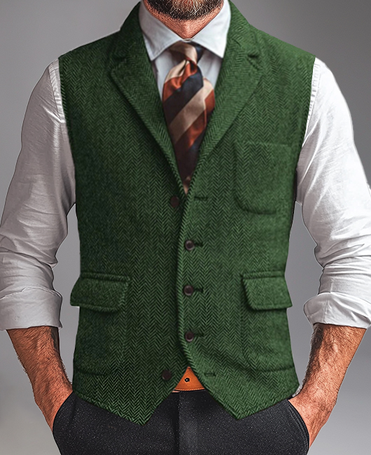 Business Herringbone Tweed Notched Lapel Single Breasted Pocket Vest