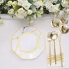 10 Pack | 8" White / Gold Geometric Design Plastic Dessert Plates, Disposable Octagon Salad/Appetizer Party Plates
