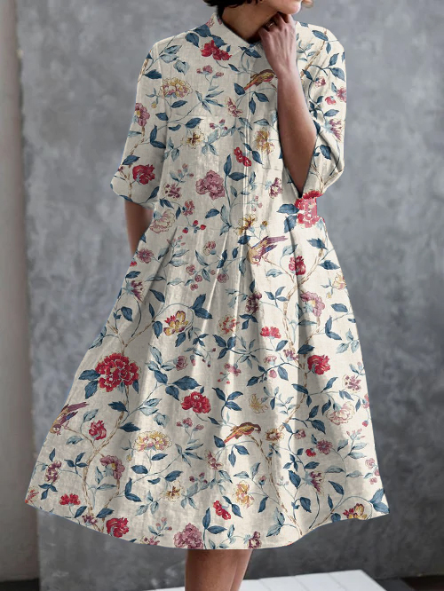 Vintage Bird Floral Print Casual Pocket Half Sleeve Dress