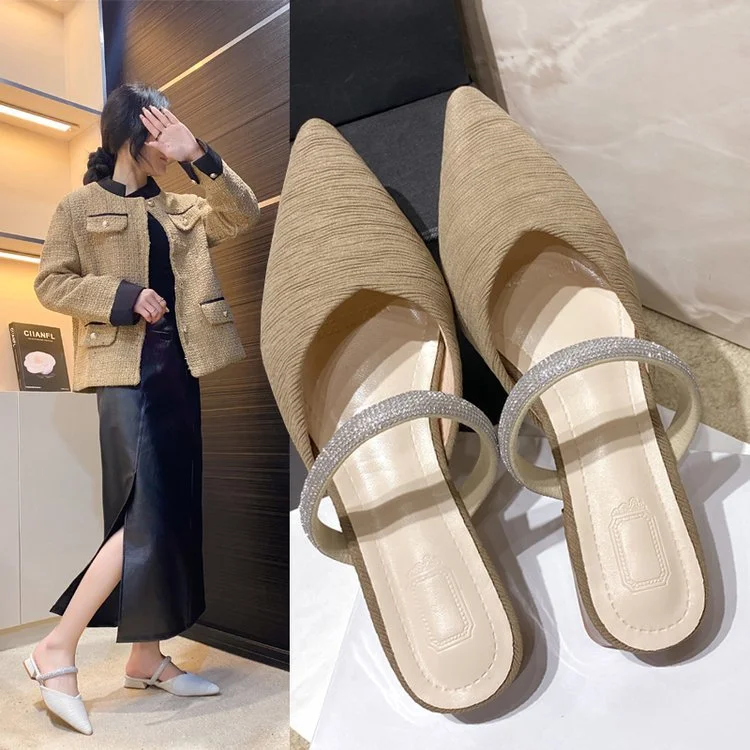 Wongn Wongn 2024 New Korean Version Of Cloth Baotou Half Drag Diamond Thick Heel Slippers Lazy Slippers Women's Shoes