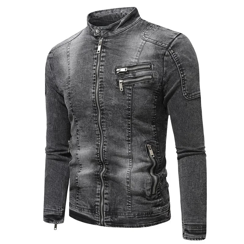 Men's Slim Denim Jacket Stand Collar High-quality Denim Jacket Black Zipper Street Clothing Spring Men's Jacket Men's Clothing
