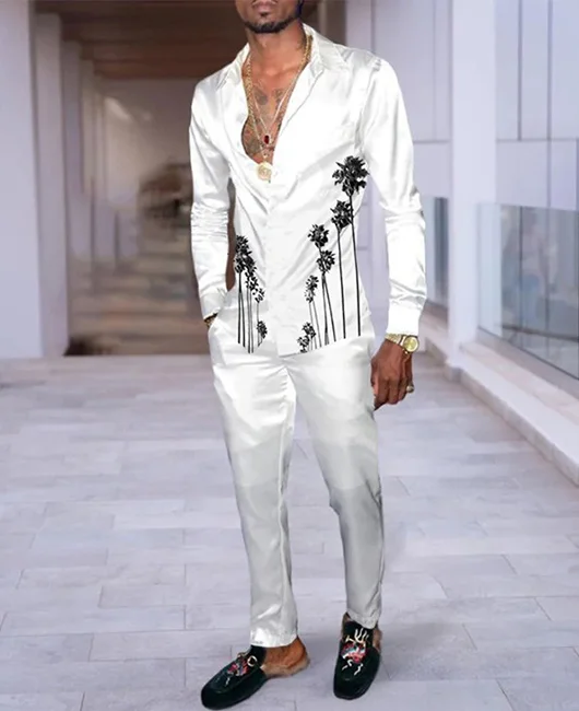 Fashion Plain 3D Print Lapel Collar Long Sleeve Shirt & Straight Pants 2Pcs Set 宁波鼎迪电子商务有限公司