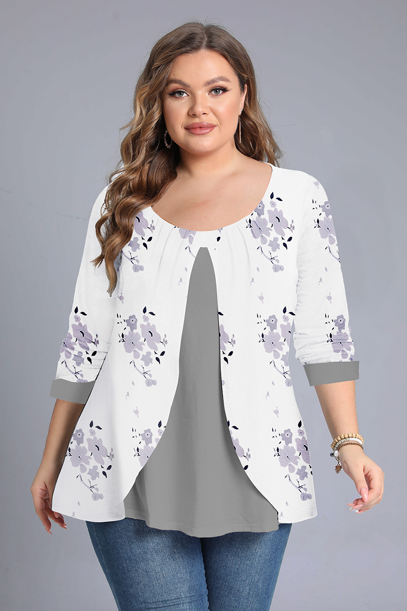 Flycurvy Plus Size Casual White Floral Print Two Pieces Boat Neck Blouses