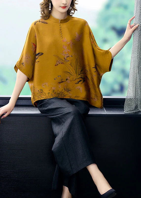 Loose Yellow Stand Collar Print Silk Two Piece Set Women Clothing Batwing Sleeve