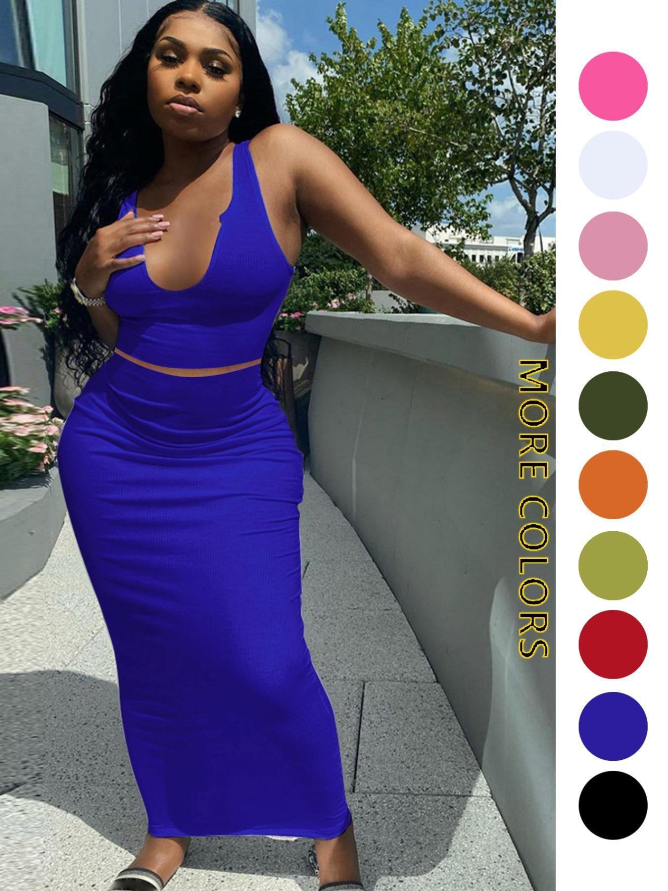 Two-piece Set Women's Solid Notched Neck Crop Tank Top & High Waist Bodycon Skirt Set, Casual Slim Sleeveless Top & Long Skirt, Ladies Summer Clothes for Daily Wear, Outfit Sets Women, Summer Outfits Set Two-piece Set Women's Solid Notched Neck Crop Tank Top & High Waist Bodycon Skirt Set, Casual Slim Sleeveless Top & Long Skirt, Ladies Summer Clothes for Daily Wear, Outfit Sets Women, Summer Outfits Set