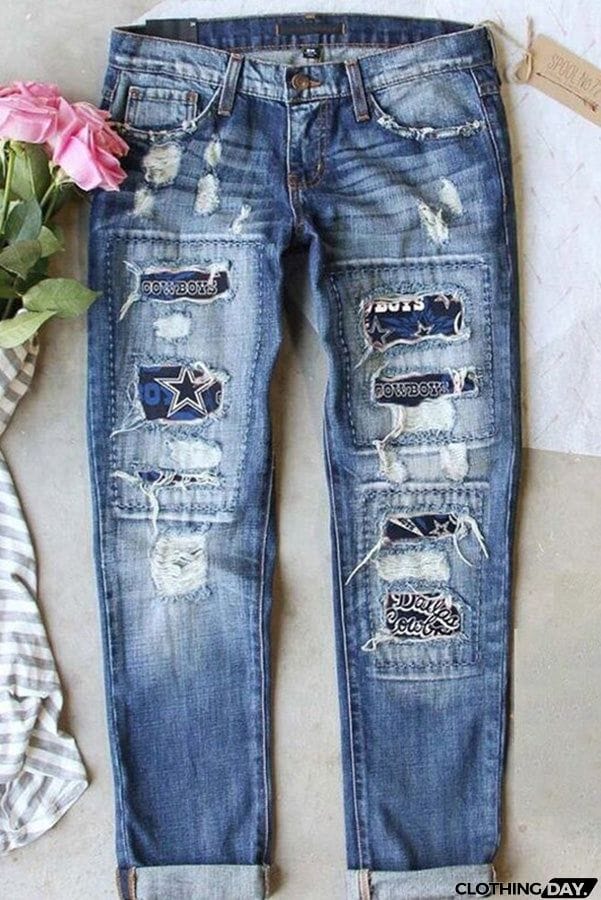 Distressed Printed Street Contrast Hip Hop Style Jeans