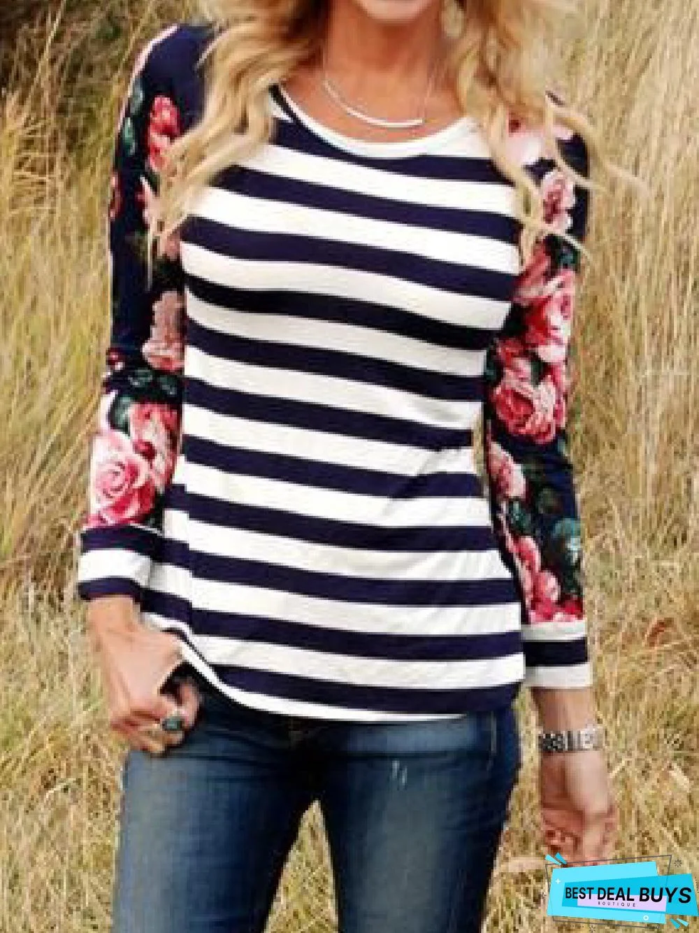 Casual Striped Floral Printed Long Sleeve Tunic Shirt