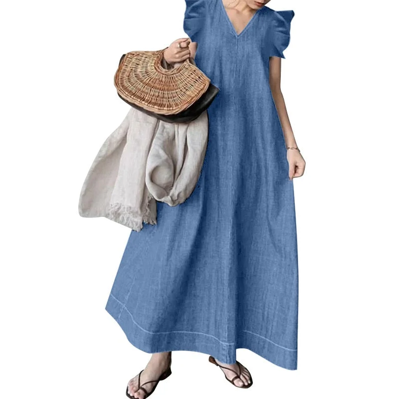 Vintage Women Denim Blue Dress 2022 Summer Ruffle Sleeveless Maxi Dresses ZANZEA Casual Solid A-line V-neck Oversized Sundress 7